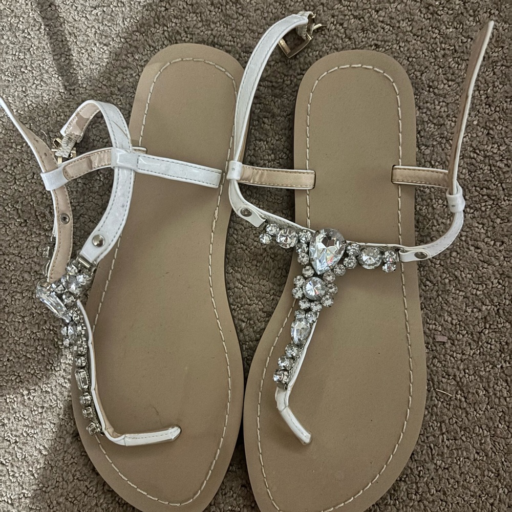 David's Bridal White Sandals with Crystal Accents